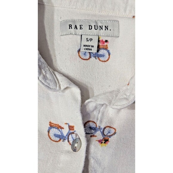 Rae Dunn Bicycle Print Button Down Shirt Womens Size Small White Linen Blend Top - Picture 3 of 6